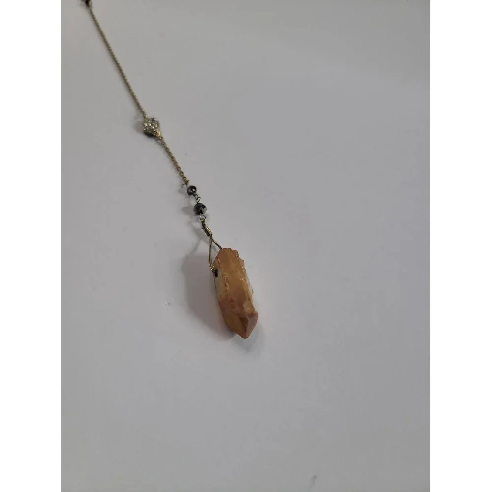 Gold Tone Orange Brown Pendant Lariat Necklace Y Drop Faceted Statement Boho